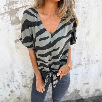 Blouse femme – Coupe décontractée – Col en V – Nœud devant – Manches courtes – Tissu respirant