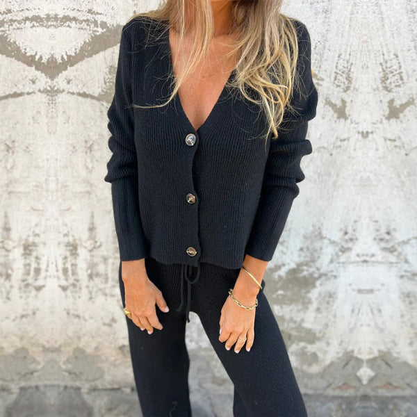 Ensemble loungewear femme – Maille côtelée – Coupe décontractée – Haut boutonné