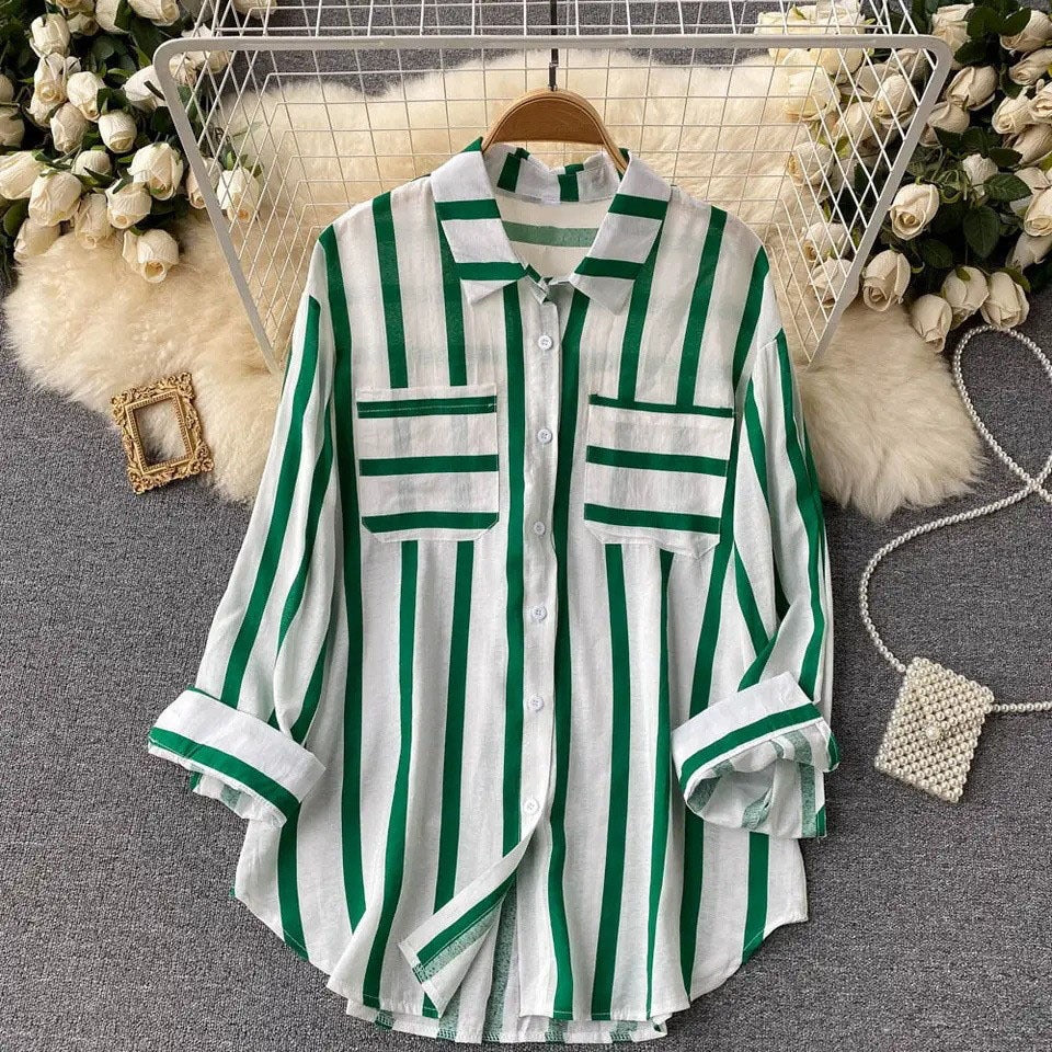 Veste chemise femme – Coupe ample – Rayures verticales – Coton léger – Boutonnée