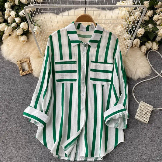 Veste chemise femme – Coupe ample – Rayures verticales – Coton léger – Boutonnée