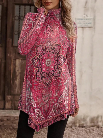 Blouse femme – Coupe décontractée – Col montant – Manches longues – Ourlet asymétrique