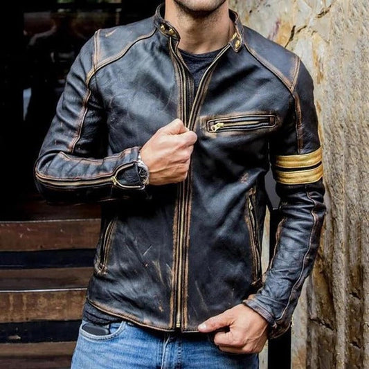 Blouson homme – Coupe slim – Similicuir – Col montant – Détails zippés manches