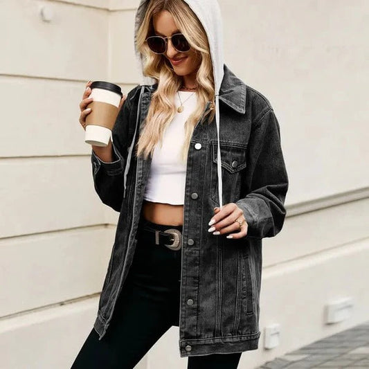 Veste en jean femme – Coupe oversize – Capuche – Boutonnage classique – Style décontracté