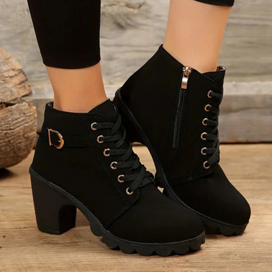Bottines femme – Talon bloc stable – Semelle épaisse – Zip et laçage ajusté