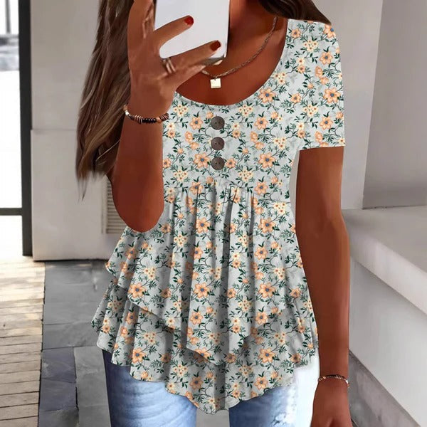 Blouse femme – Coupe décontractée – Boutonnée – Imprimé fleuri – Ourlet volanté