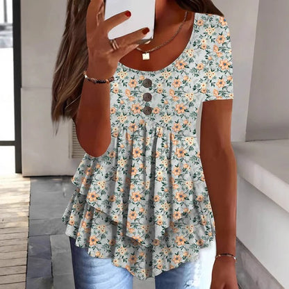 Blouse femme – Coupe décontractée – Boutonnée – Imprimé fleuri – Ourlet volanté