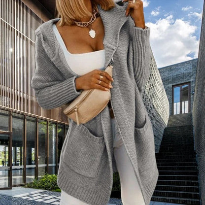 Gilet femme – Coupe oversize – Maille effet laine – Capuche – Poches – Manches longues