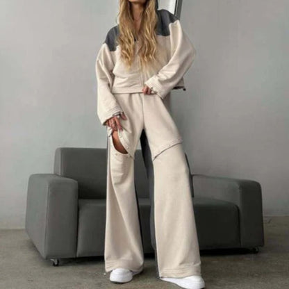 Ensemble Femme Loungewear – Hoodie Court Zippé – Pantalon Large Taille Élastique – Coton Doux