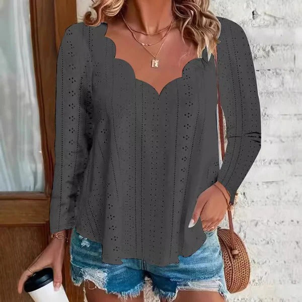 Blouse femme – Coupe décontractée – Coton léger – Broderie florale – Manches longues