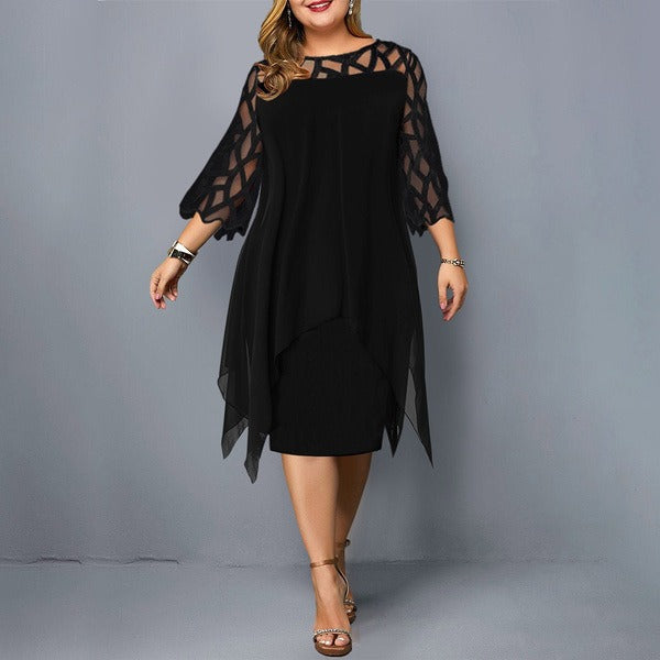 Robe midi femme – Coupe fluide – Chiffon léger – Dentelle – Manches 3/4 – Ourlet asymétrique