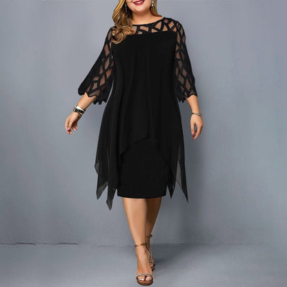Robe midi femme – Coupe fluide – Chiffon léger – Dentelle – Manches 3/4 – Ourlet asymétrique