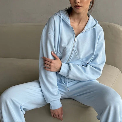 Ensemble loungewear femme – Sweat zippé à capuche – Pantalon ample – Coton doux