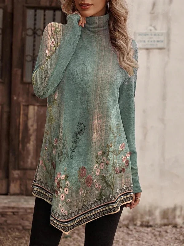 Blouse femme – Coupe décontractée – Col montant – Manches longues – Ourlet asymétrique