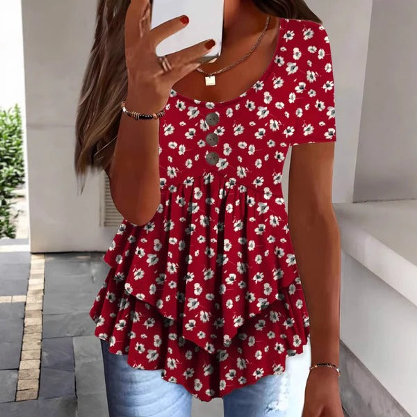 Blouse femme – Coupe décontractée – Boutonnée – Imprimé fleuri – Ourlet volanté