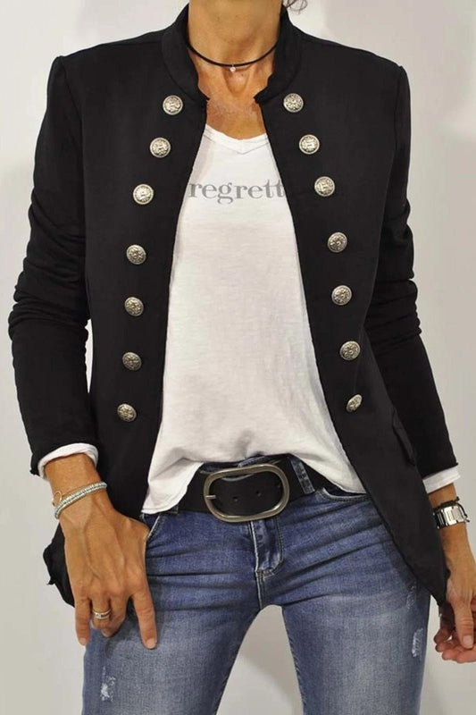 Femme Veste - Tissu Tissé Structuré - Coupe Slim - Col Montant - Double Boutonnage