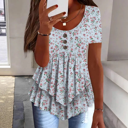 Blouse femme – Coupe décontractée – Boutonnée – Imprimé fleuri – Ourlet volanté