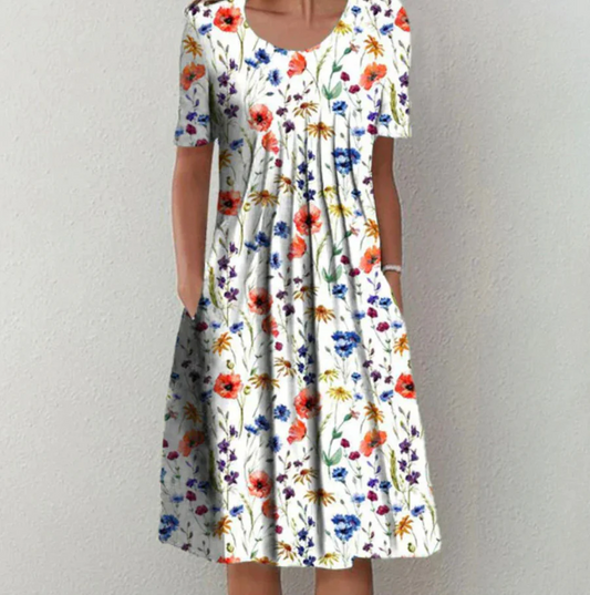 Robe midi femme – Coupe évasée – Tissu respirant – Manches courtes – Imprimé fleuri