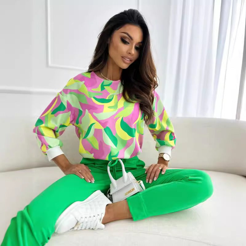 Haut femme – Manches longues – Coupe décontractée – Coton doux – Imprimé abstrait