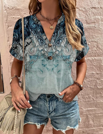 Chemise femme – Coupe décontractée – Manches courtes – Col en V boutonné – Motif floral et cachemire – Tissu léger respirant