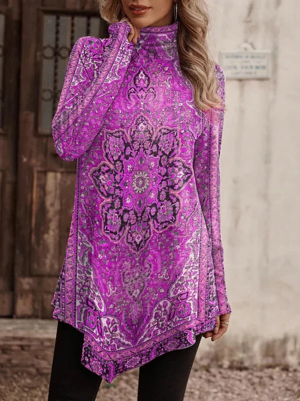 Blouse femme – Coupe décontractée – Col montant – Manches longues – Ourlet asymétrique