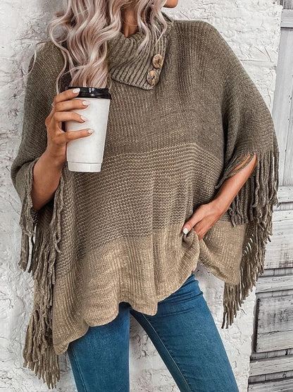 Femme Poncho - Maille - Col Drapé - Ourlet à Franges