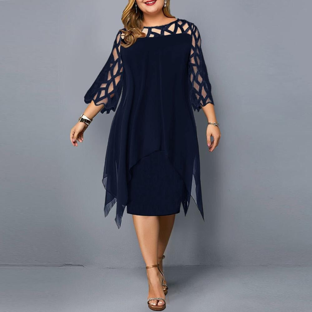 Robe midi femme – Coupe fluide – Chiffon léger – Dentelle – Manches 3/4 – Ourlet asymétrique