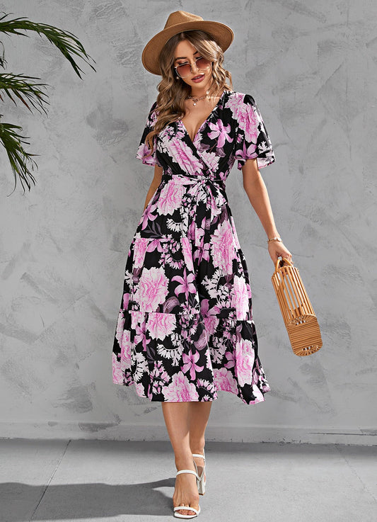 Robe midi femme – Décolleté cache-cœur – Manches courtes – Ceinture à nouer – Jupe à volants