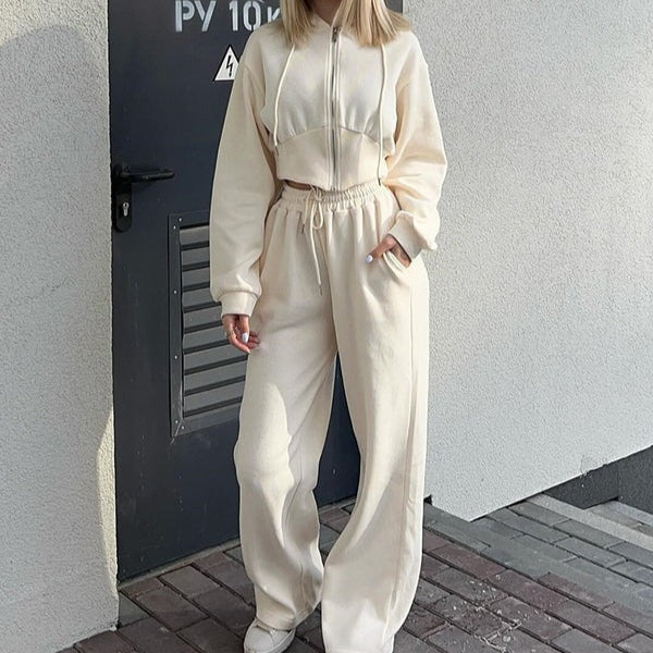 Ensemble loungewear femme – Sweat zippé à capuche – Pantalon ample – Coton doux