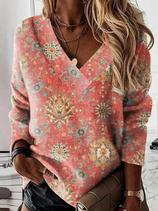 Sweatshirt femme – Coupe décontractée – Col en V – Imprimé ornemental – Coton
