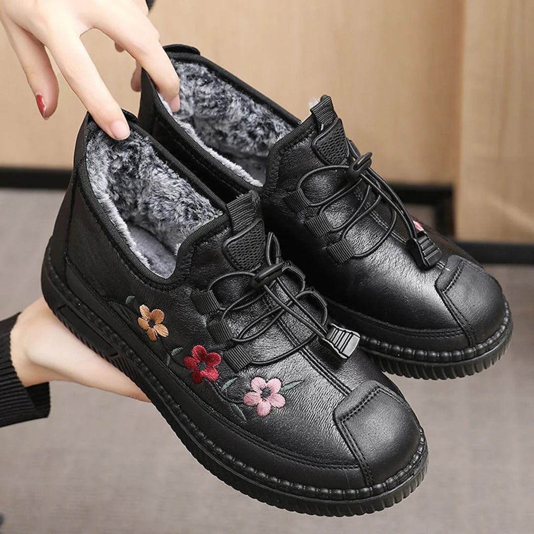 Chaussures femme – Similicuir structuré – Broderie florale – Doublure chaude – Cheville