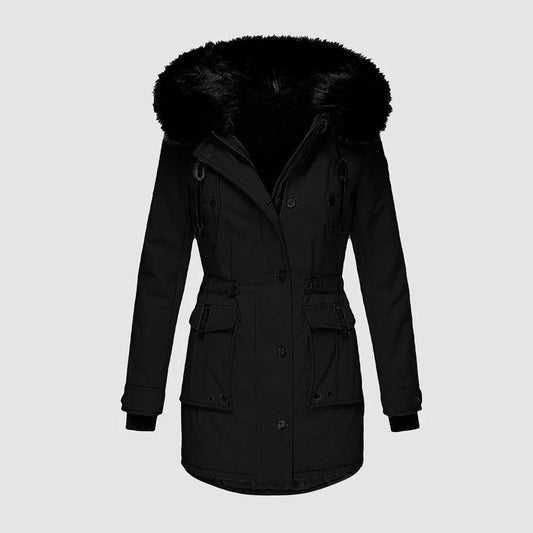 Manteau long femme – Coupe cintrée – Capuche fausse fourrure amovible – Ceinture ajustable