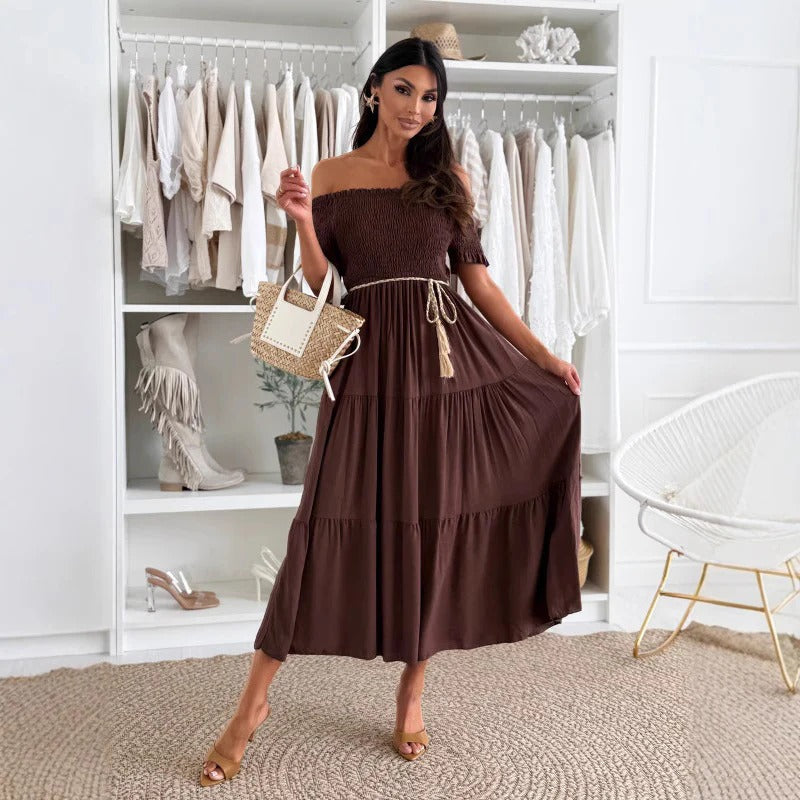 Robe longue femme – Épaules dénudées – Taille élastique – Volants – Coton léger