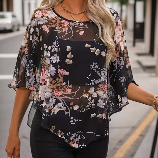Blouse femme – Chiffon léger – Coupe décontractée – Imprimé floral – Manches fluides