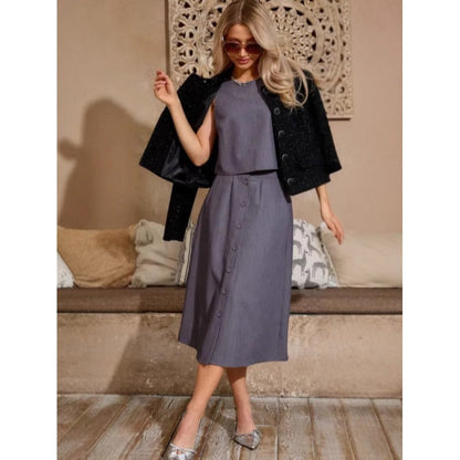 Ensemble femme deux pièces – haut court sans manches – jupe midi boutonnée coton