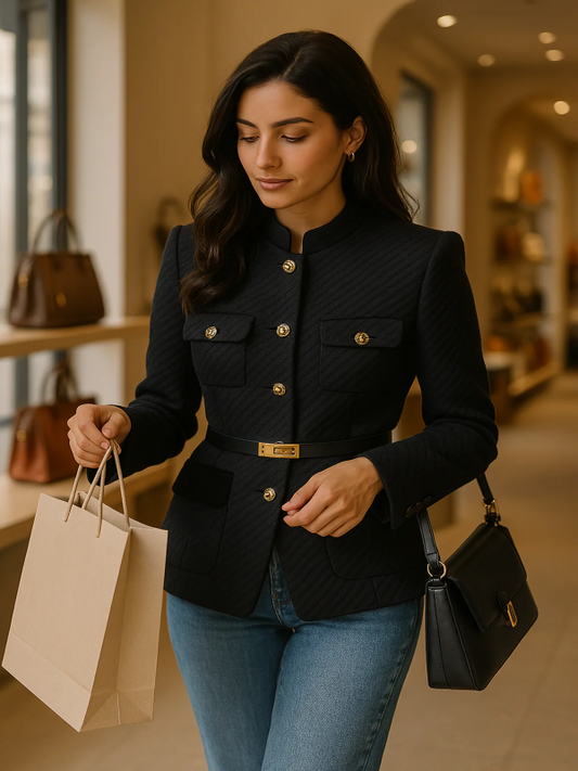 Blazer femme – Coupe cintrée – Taille ceinturée – Laine – Boutons dorés élégants