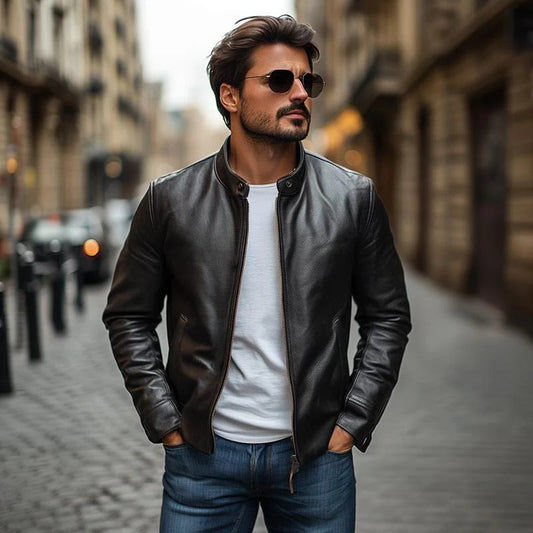 Veste en cuir homme – Coupe slim – Col montant – Fermeture zippée – Style épuré