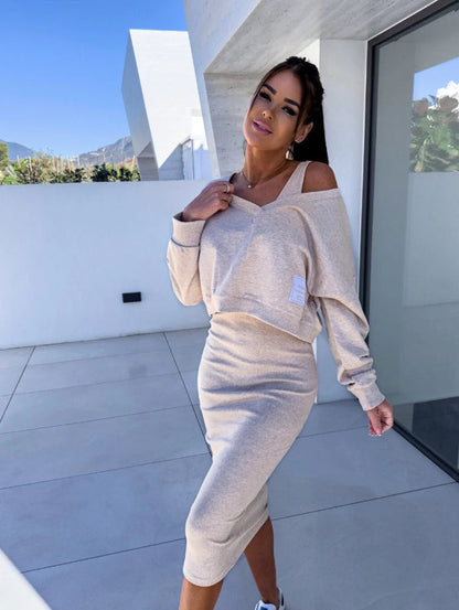 Robe Sweat Femme – Coupe Slim – Coton Doux – Col V – Longueur Midi – Ensemble Coordonné