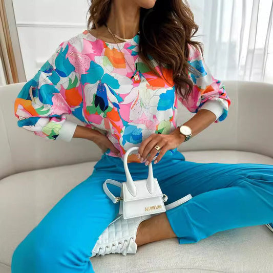 Haut femme – Manches longues – Coupe décontractée – Coton doux – Imprimé abstrait