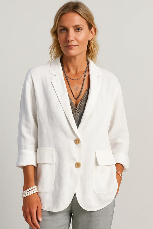 Blazer femme – Coupe oversize décontractée – Linnen – Deux boutons – Revers classiques