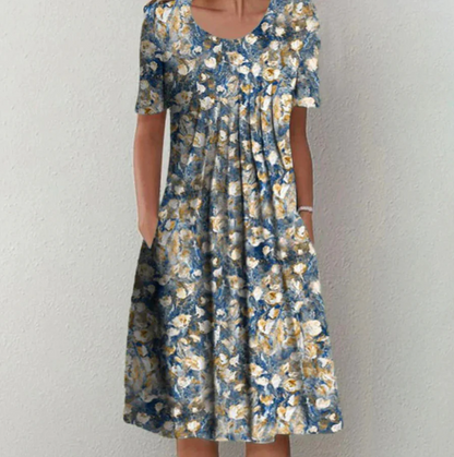 Robe midi femme – Coupe évasée – Tissu respirant – Manches courtes – Imprimé fleuri