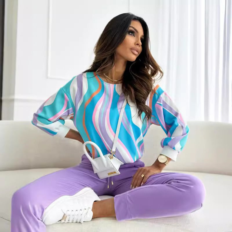 Haut femme – Manches longues – Coupe décontractée – Coton doux – Imprimé abstrait