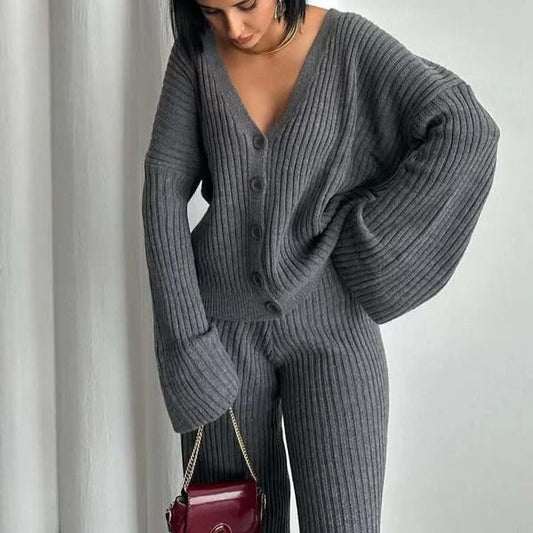 Ensemble loungewear femme – Tricot côtelé – Coupe oversize – Haut boutonné manches larges