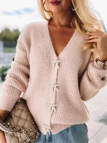 Femme Cardigan - Laine Mélangée - Col V Profond - Manches Longues - Fermeture Nœuds Strass