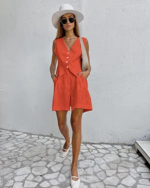 Blazer sans manches femme – Linnen – Coupe ample – Col tailleur – Boutons devant