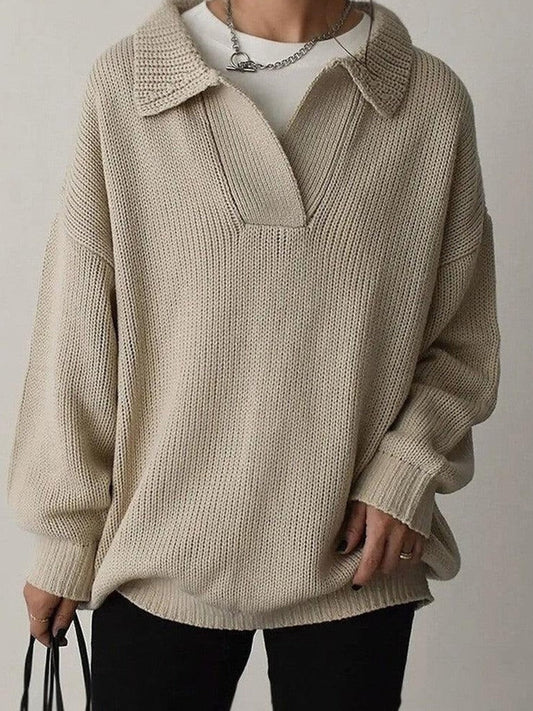 Femme Pull Tricoté - Maille Moyenne - Coupe Oversize - Col V Large - Manches Longues