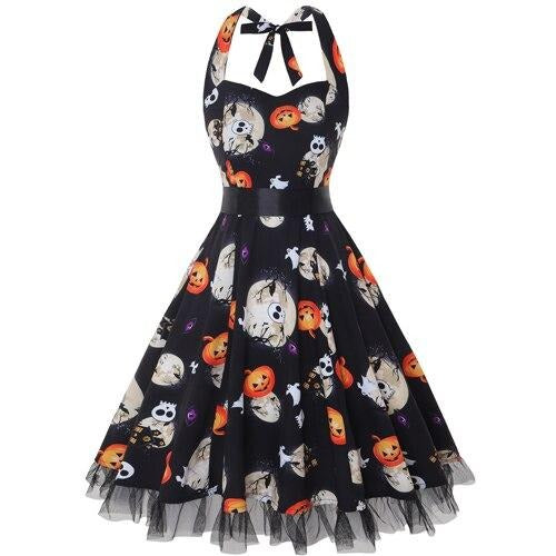 Robe midi femme – Coupe évasée – Col halter noué dos – Imprimé cartoon – Jupon en tulle
