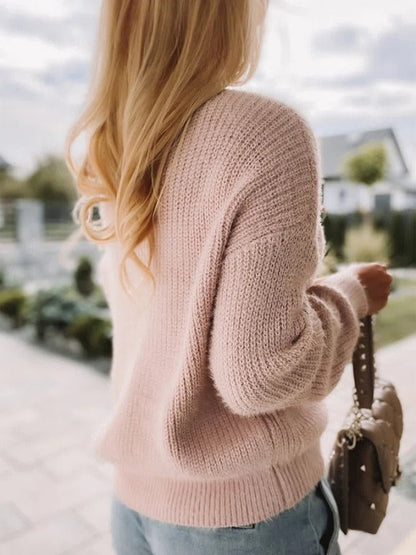 Femme Cardigan - Laine Mélangée - Col V Profond - Manches Longues - Fermeture Nœuds Strass