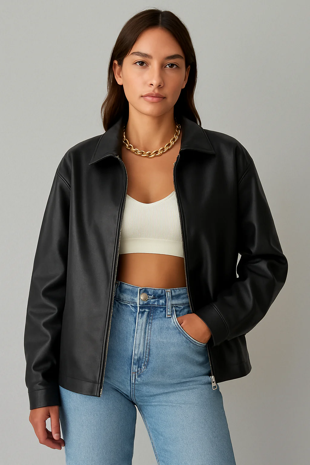 Femme Veste - Tissu tissé simili cuir - Coupe décontractée - Col classique - Manches longues