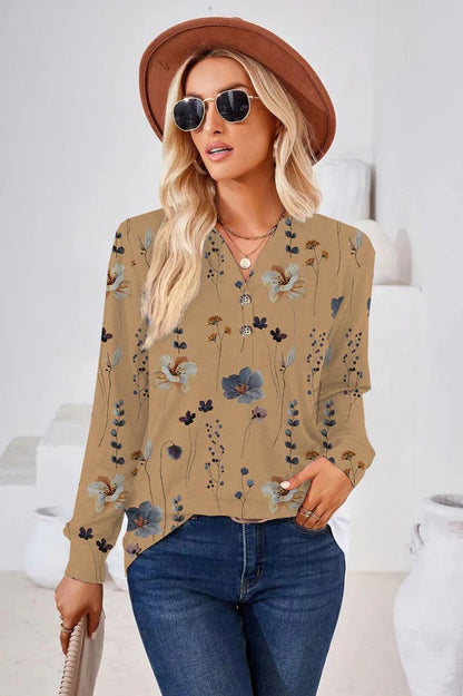 Blouse femme – Coupe décontractée – Motif fleuri – Manches longues – Tissu respirant