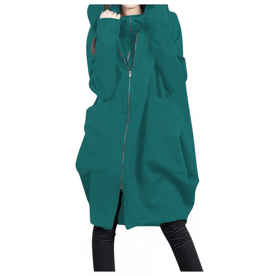 Manteau mi-long femme – Coupe oversize – Capuche – Zip frontal – Style décontracté